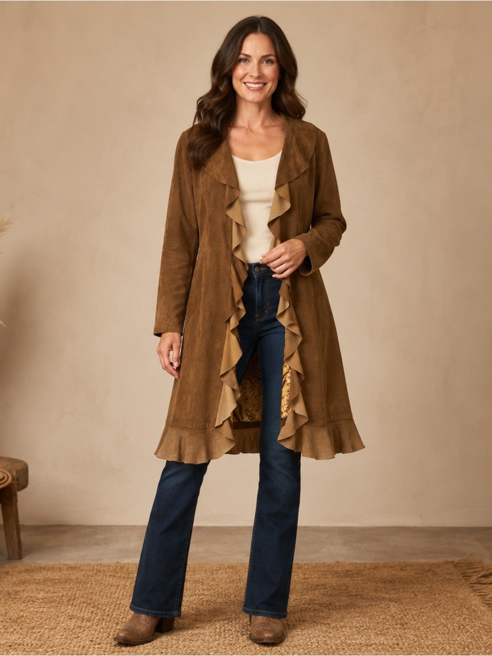 Scully Women's Ruffle Suede Leather Lined Long Jacket - SZ Med Soft Stunning